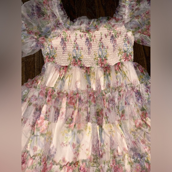 Coquette cottage core tulle mini dress floral nude flared shear netting - Picture 3 of 10